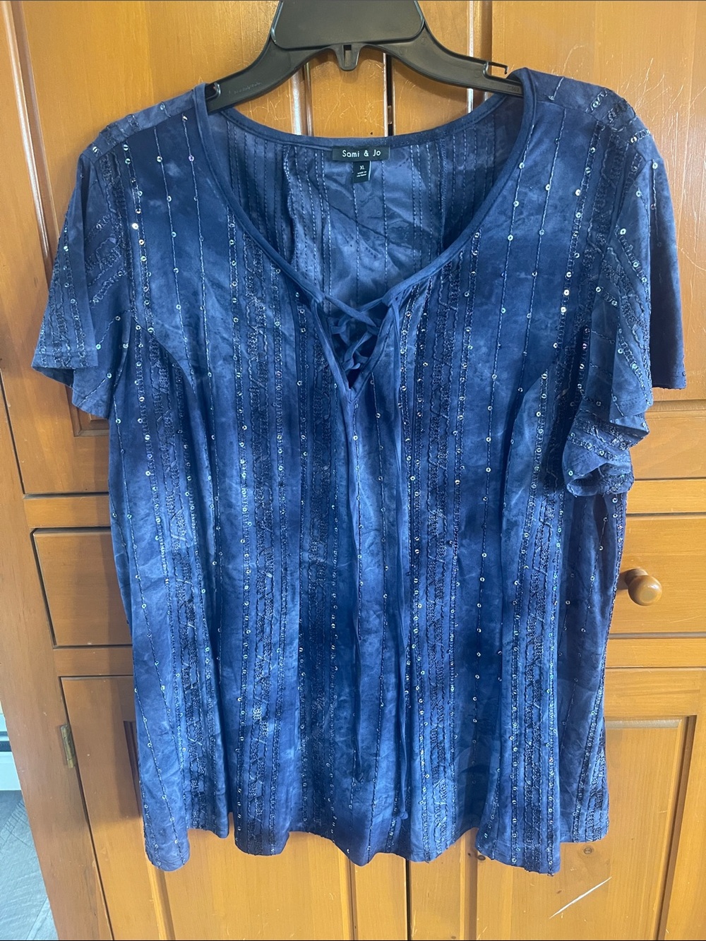 Sami & Jo Navy Sequin Lace-Up V-Neck Tunic